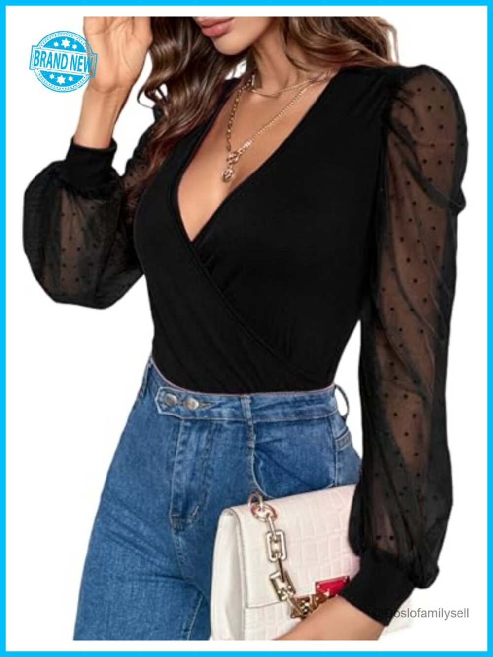 Women Cross Wrap V Neck Sheer Mesh Polka Dot Long Sleeve Blouse